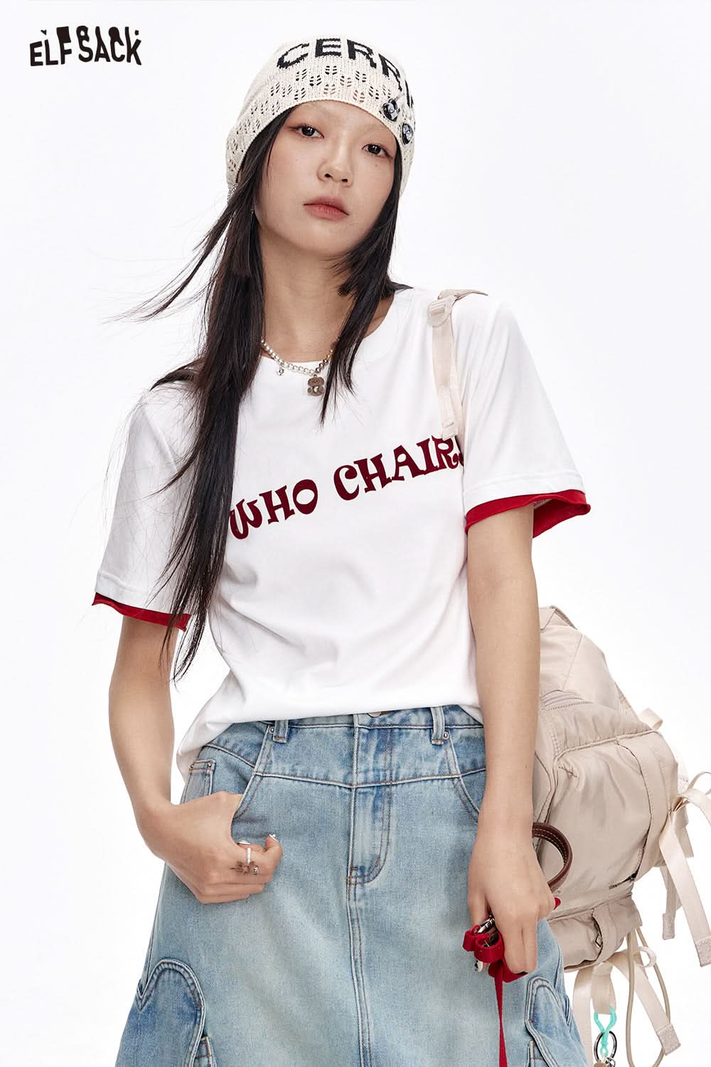 ELFSACK Versatile Letter Print Slim Fit Cotton Short Sleeve T-Shirt Women