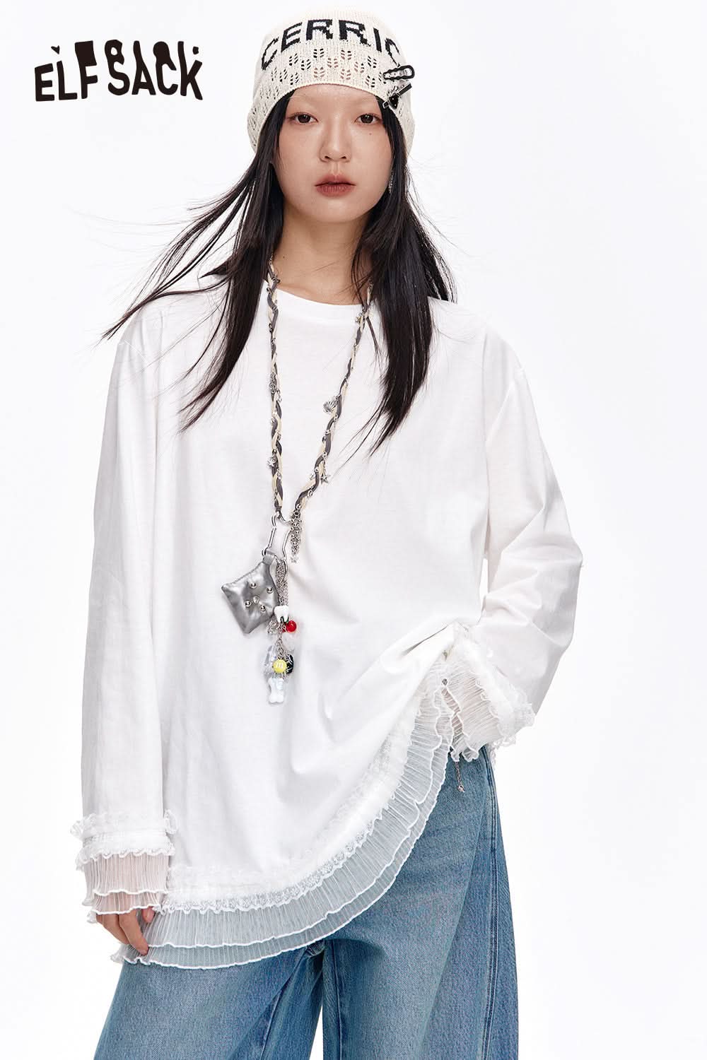 ELFSACK Sweet White Lace Stitching O-neck Long Sleeve T-shirt Women's Loose Casual Top