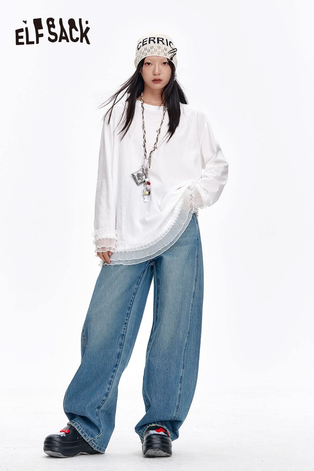 ELFSACK Sweet White Lace Stitching O-neck Long Sleeve T-shirt Women's Loose Casual Top