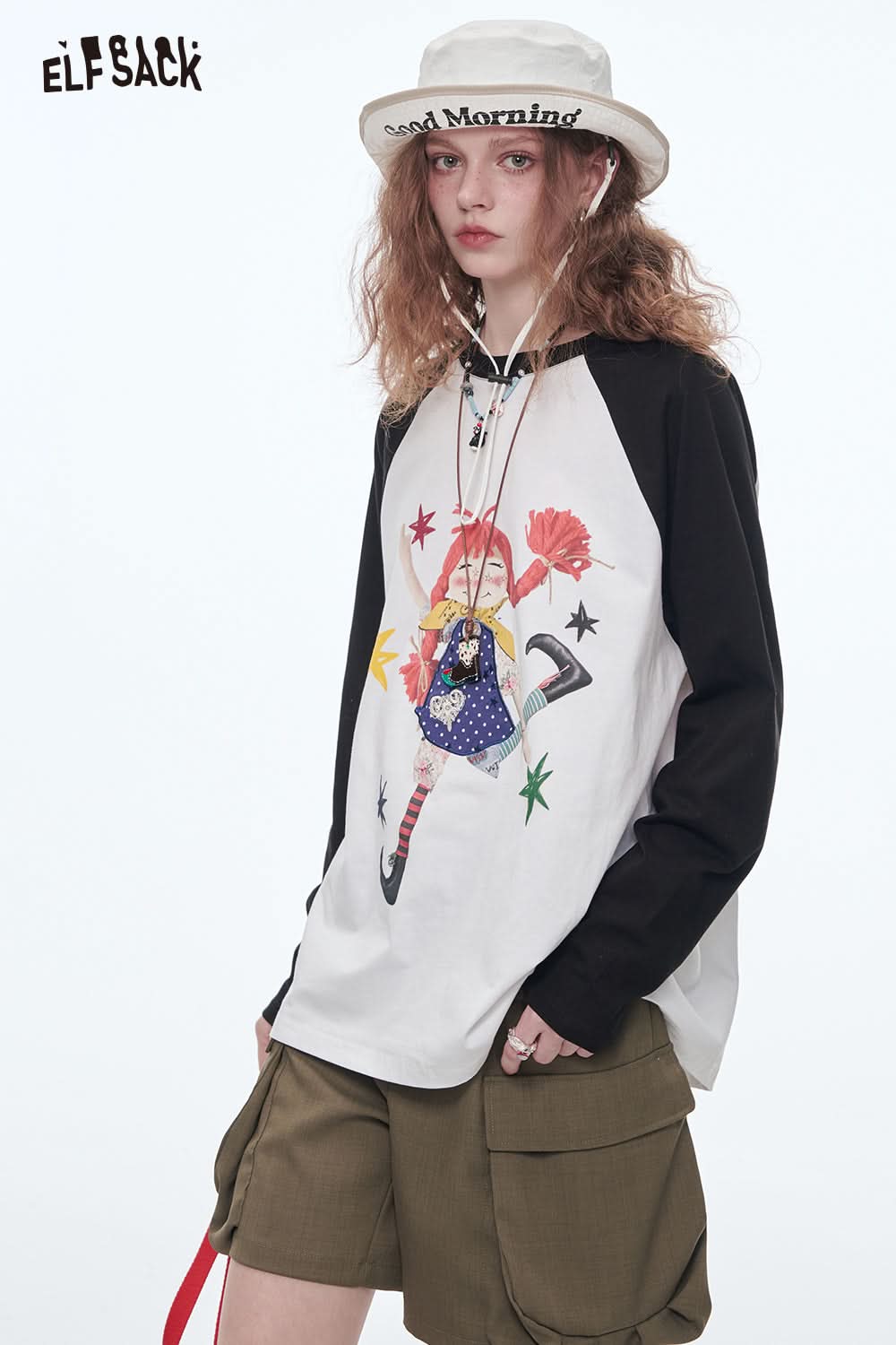 ELFSACK Cute Girl Printed Long Sleeve T-Shirts Female Dopamine Loose Tops