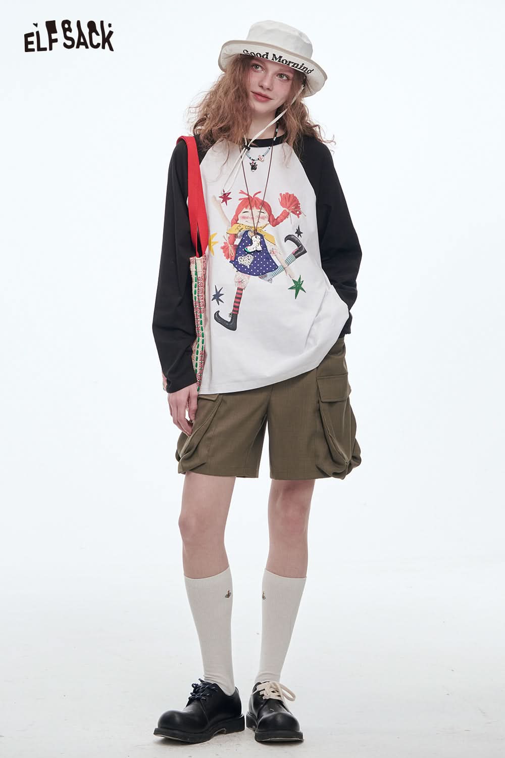 ELFSACK Cute Girl Printed Long Sleeve T-Shirts Female Dopamine Loose Tops