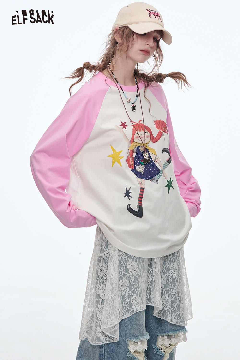 ELFSACK Cute Girl Printed Long Sleeve T-Shirts Female Dopamine Loose Tops