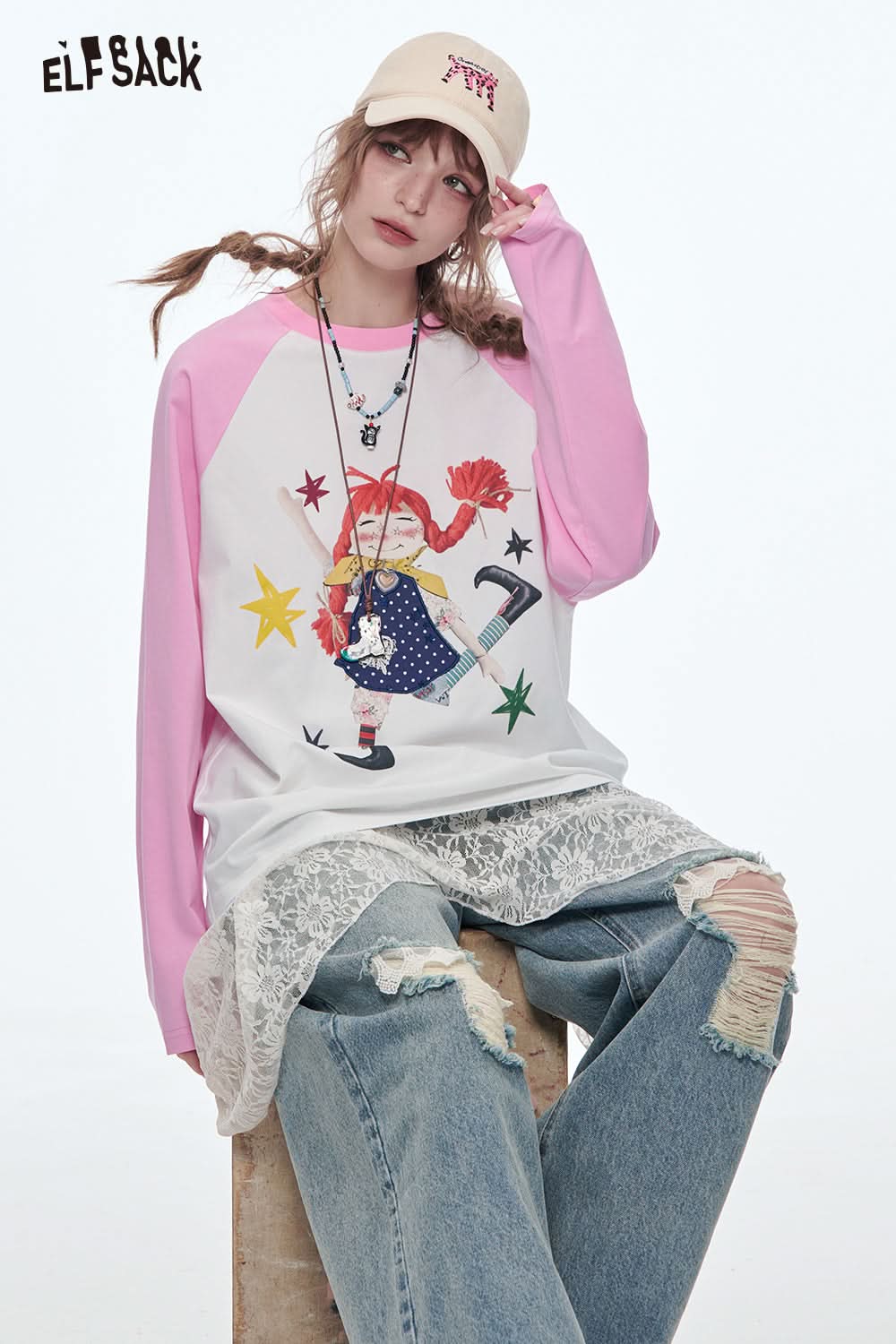 ELFSACK Cute Girl Printed Long Sleeve T-Shirts Female Dopamine Loose Tops