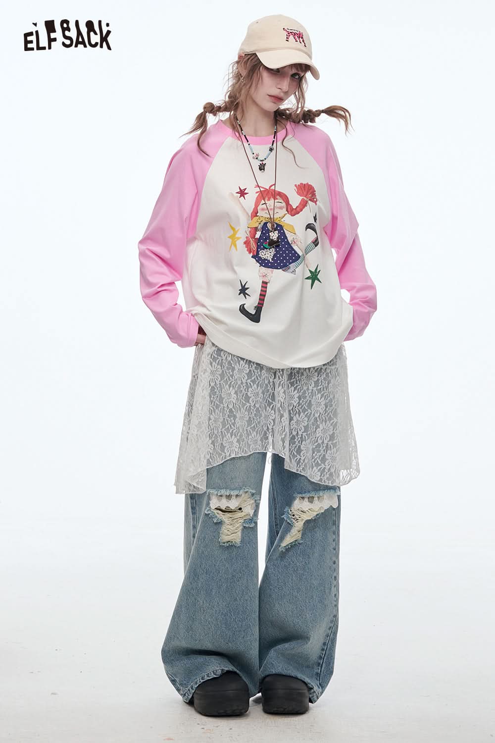 ELFSACK Cute Girl Printed Long Sleeve T-Shirts Female Dopamine Loose Tops