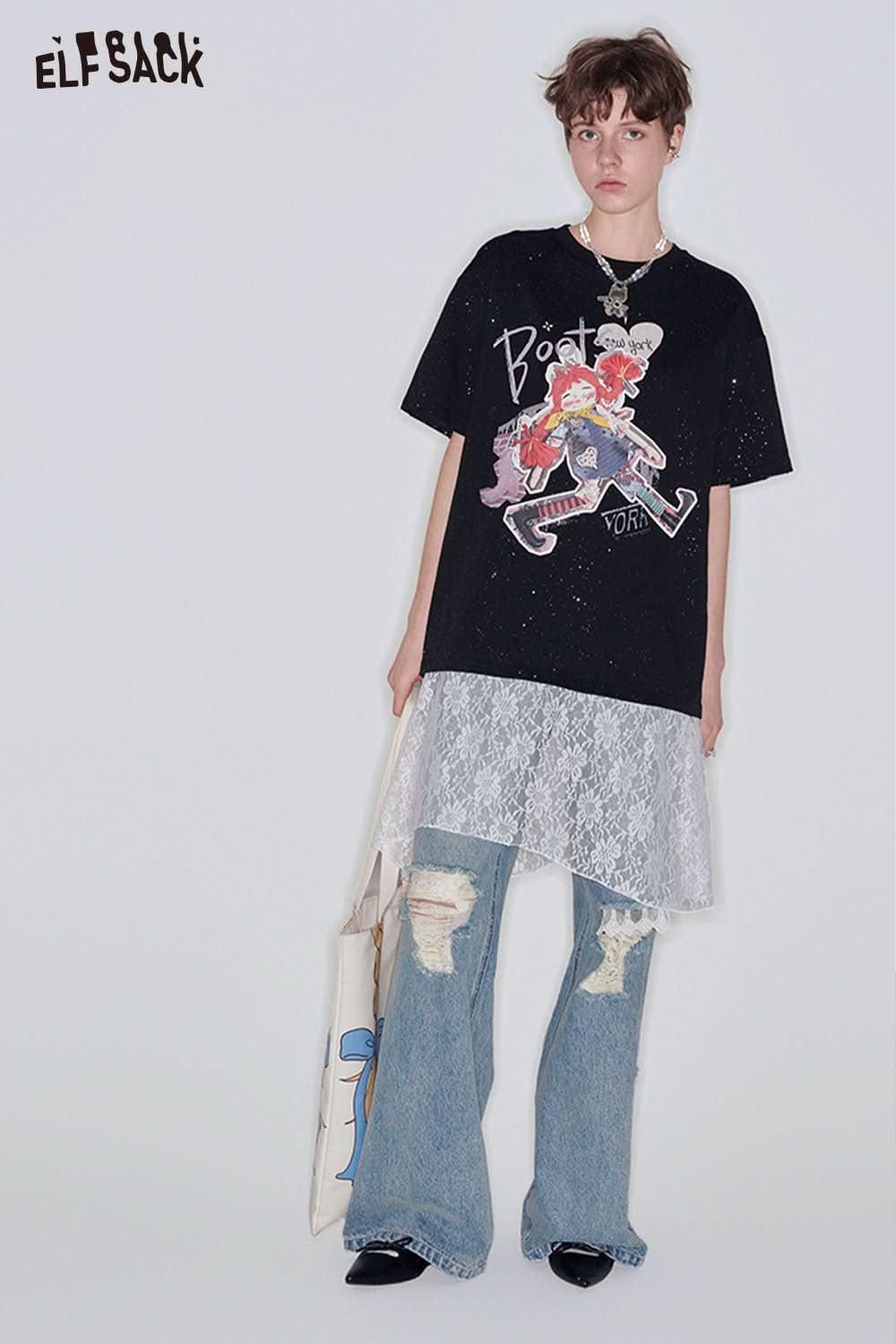 ELFSACK Sequins Original Girls Printed Short Sleeve T-Shirt Women