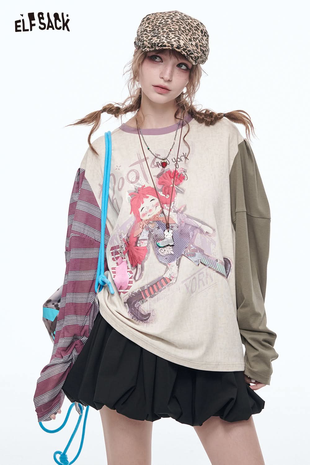 ELFSACK Y2K Striped Long Sleeve Printed T-shirt Women Casual Loose Women's Clothing