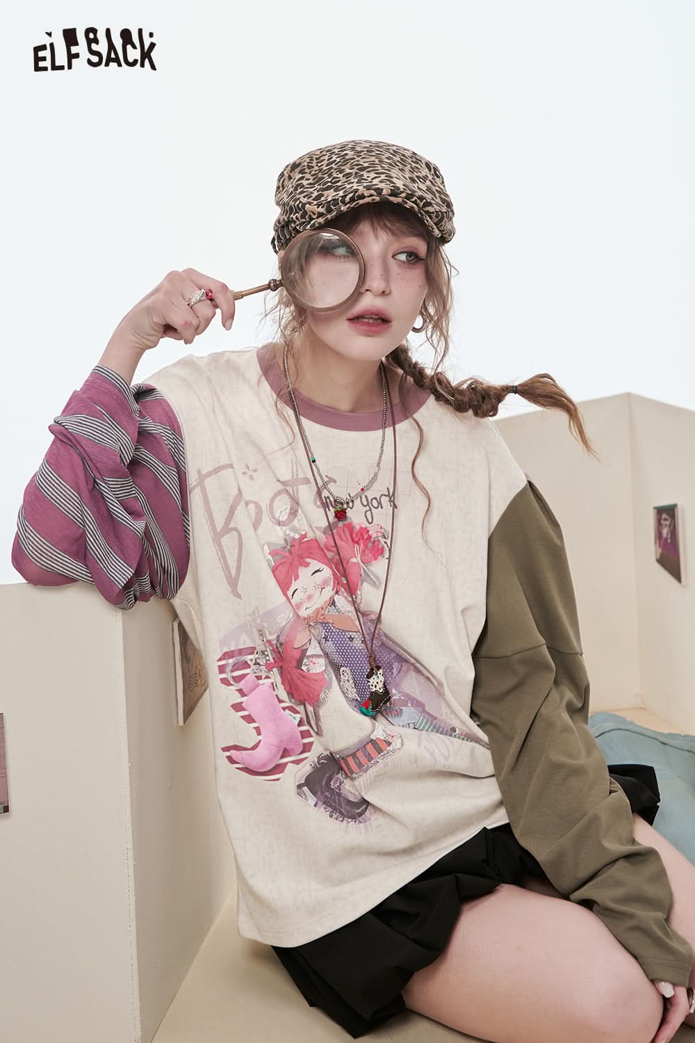 ELFSACK Y2K Striped Long Sleeve Printed T-shirt Women Casual Loose Women's Clothing