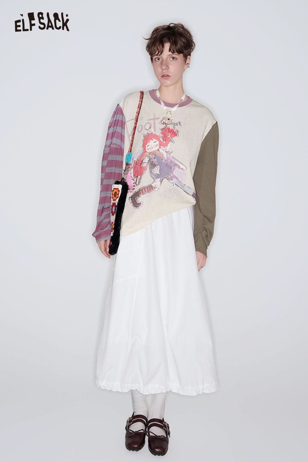 ELFSACK Y2K Striped Long Sleeve Printed T-shirt Women Casual Loose Women's Clothing