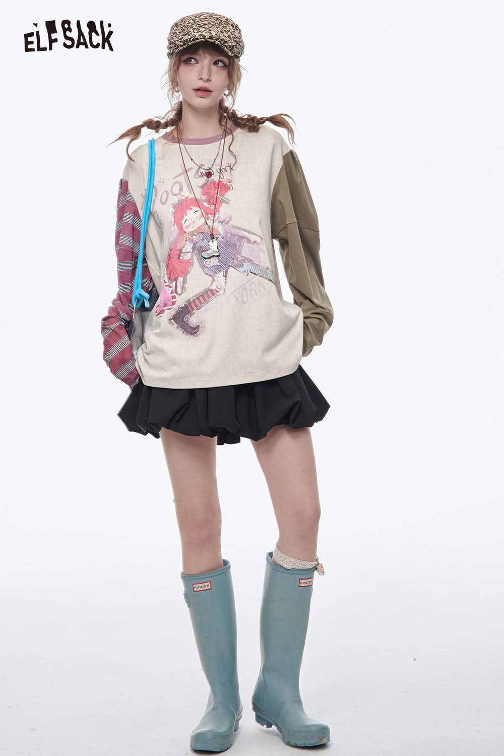 ELFSACK Y2K Striped Long Sleeve Printed T-shirt Women Casual Loose Women's Clothing