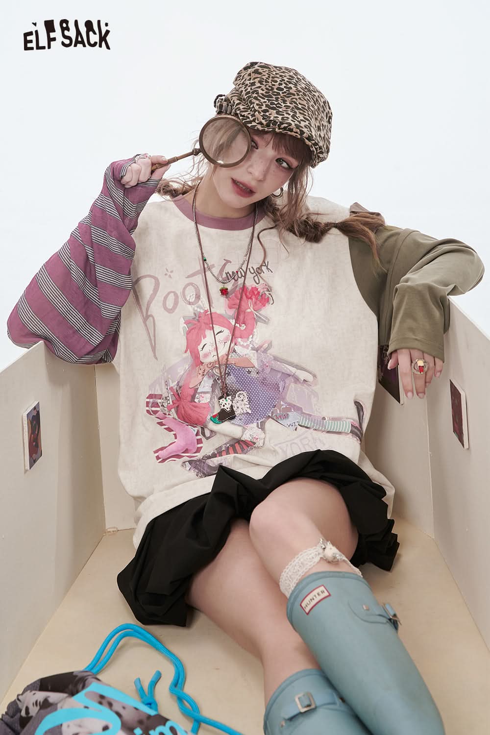 ELFSACK Y2K Striped Long Sleeve Printed T-shirt Women Casual Loose Women's Clothing