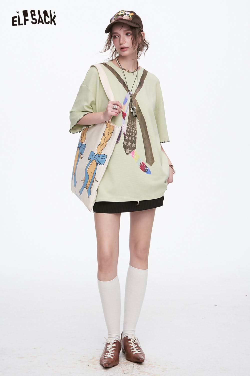 ELFSACK Versatile Tie Print Short Sleeve T-Shirt Women Casual Trendy Loose Tops