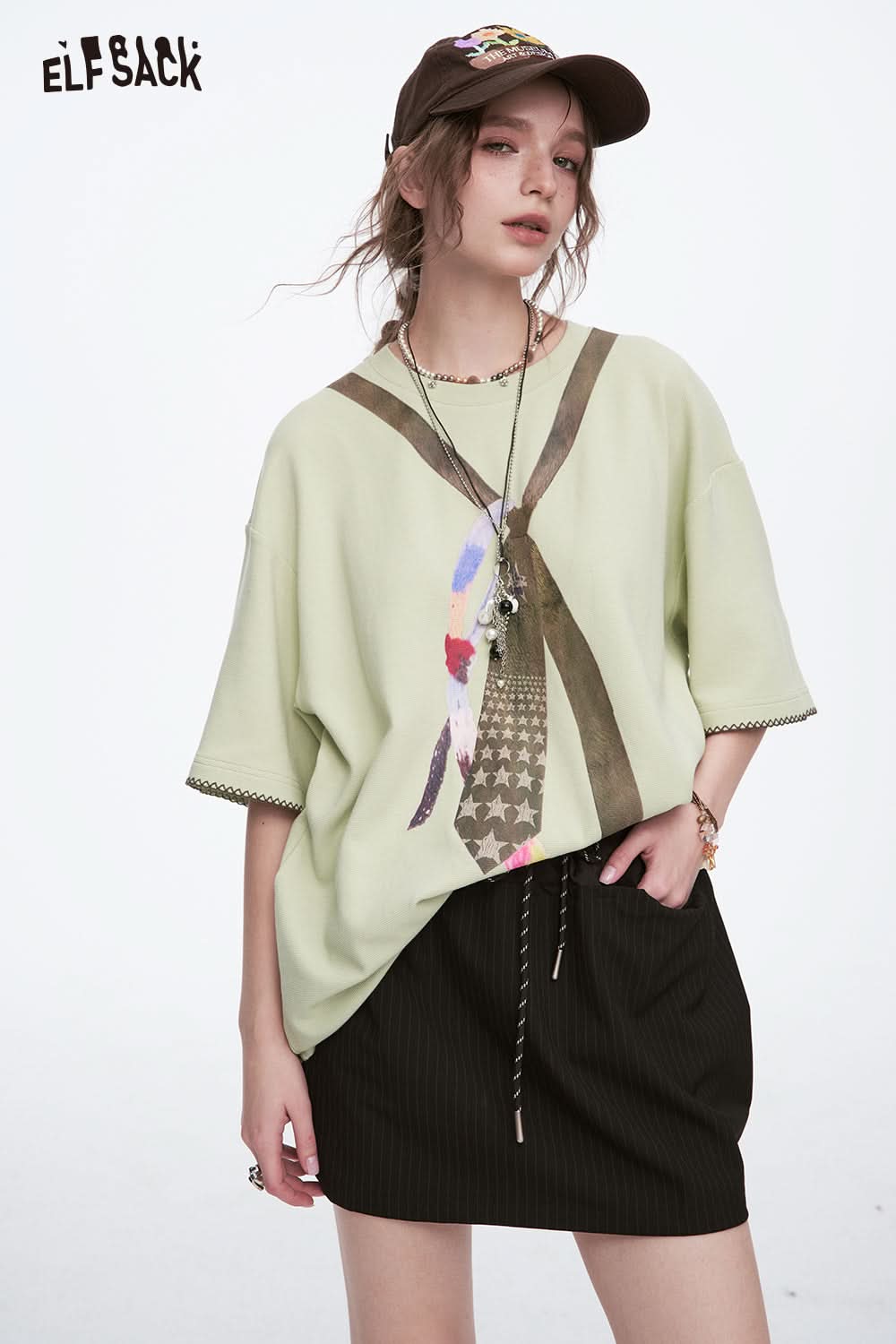 ELFSACK Versatile Tie Print Short Sleeve T-Shirt Women Casual Trendy Loose Tops