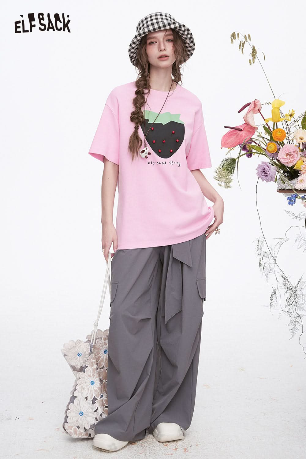 ELFSACK Y2K Sweet Strawberry Print Short Sleeve T-shirt Women Dopamine Loose Casual Top