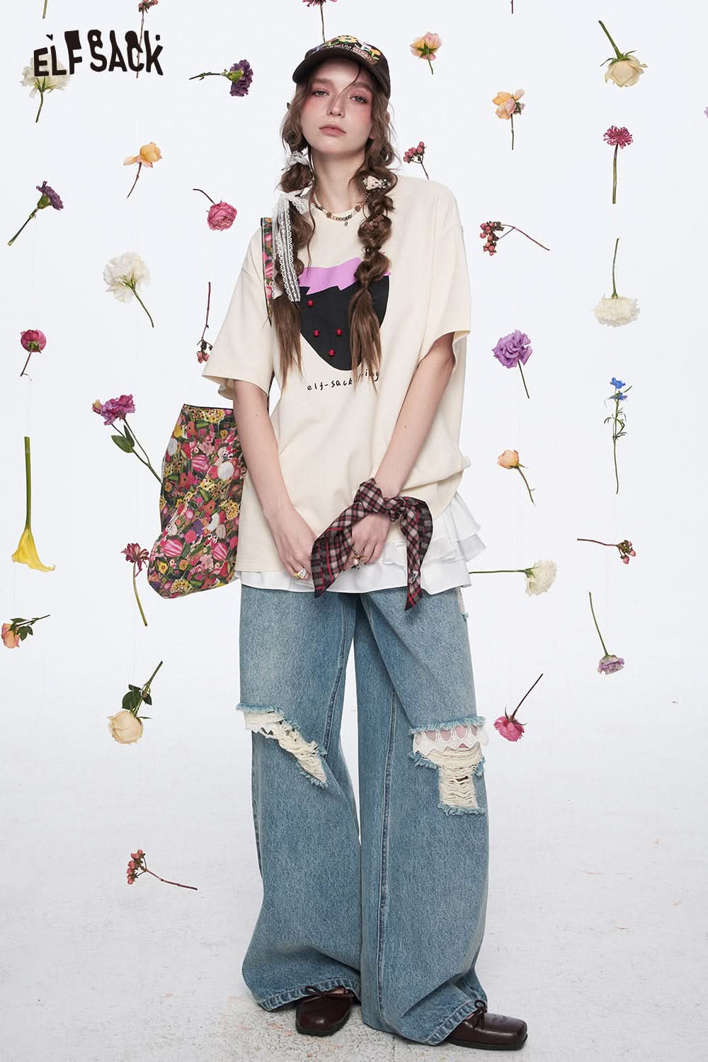 ELFSACK Y2K Sweet Strawberry Print Short Sleeve T-shirt Women Dopamine Loose Casual Top