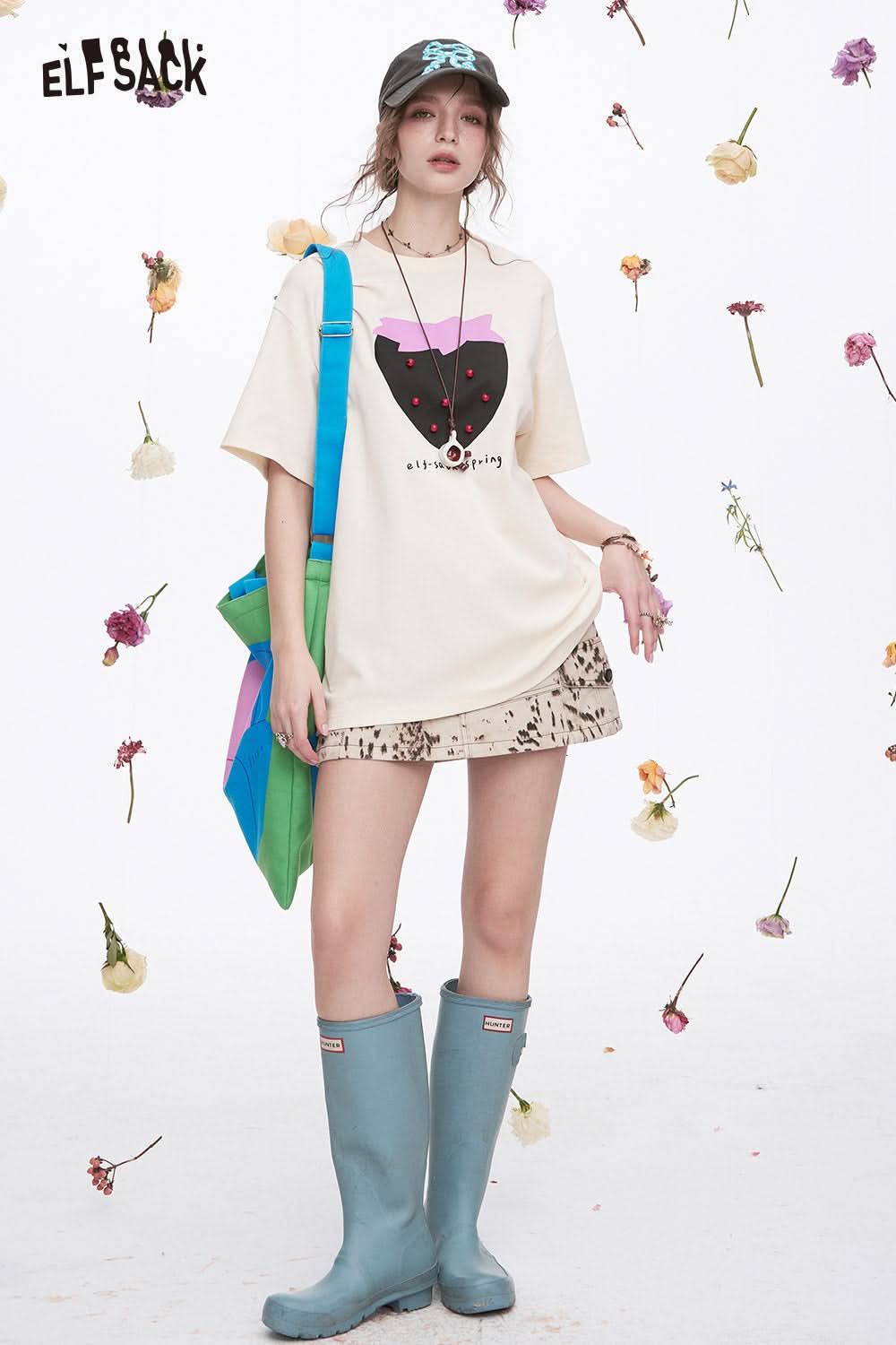 ELFSACK Y2K Sweet Strawberry Print Short Sleeve T-shirt Women Dopamine Loose Casual Top