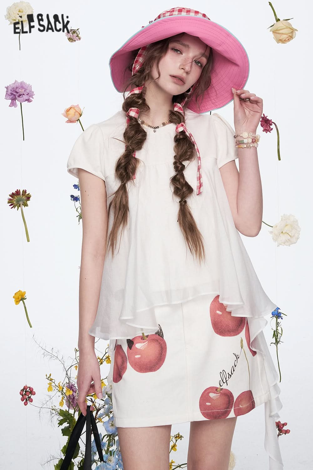 ELFSACK Sweet Puff Sleeve White Short Sleeve T-shirt Women Casual Stitching Pleated Top