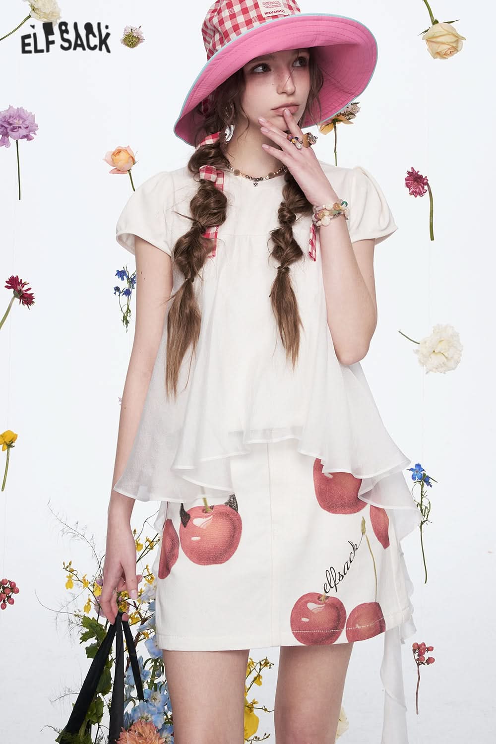 ELFSACK Sweet Puff Sleeve White Short Sleeve T-shirt Women Casual Stitching Pleated Top