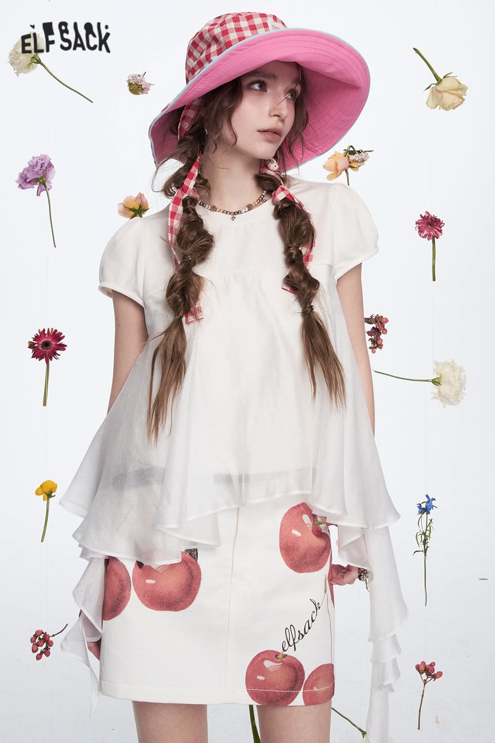 ELFSACK Sweet Puff Sleeve White Short Sleeve T-shirt Women Casual Stitching Pleated Top
