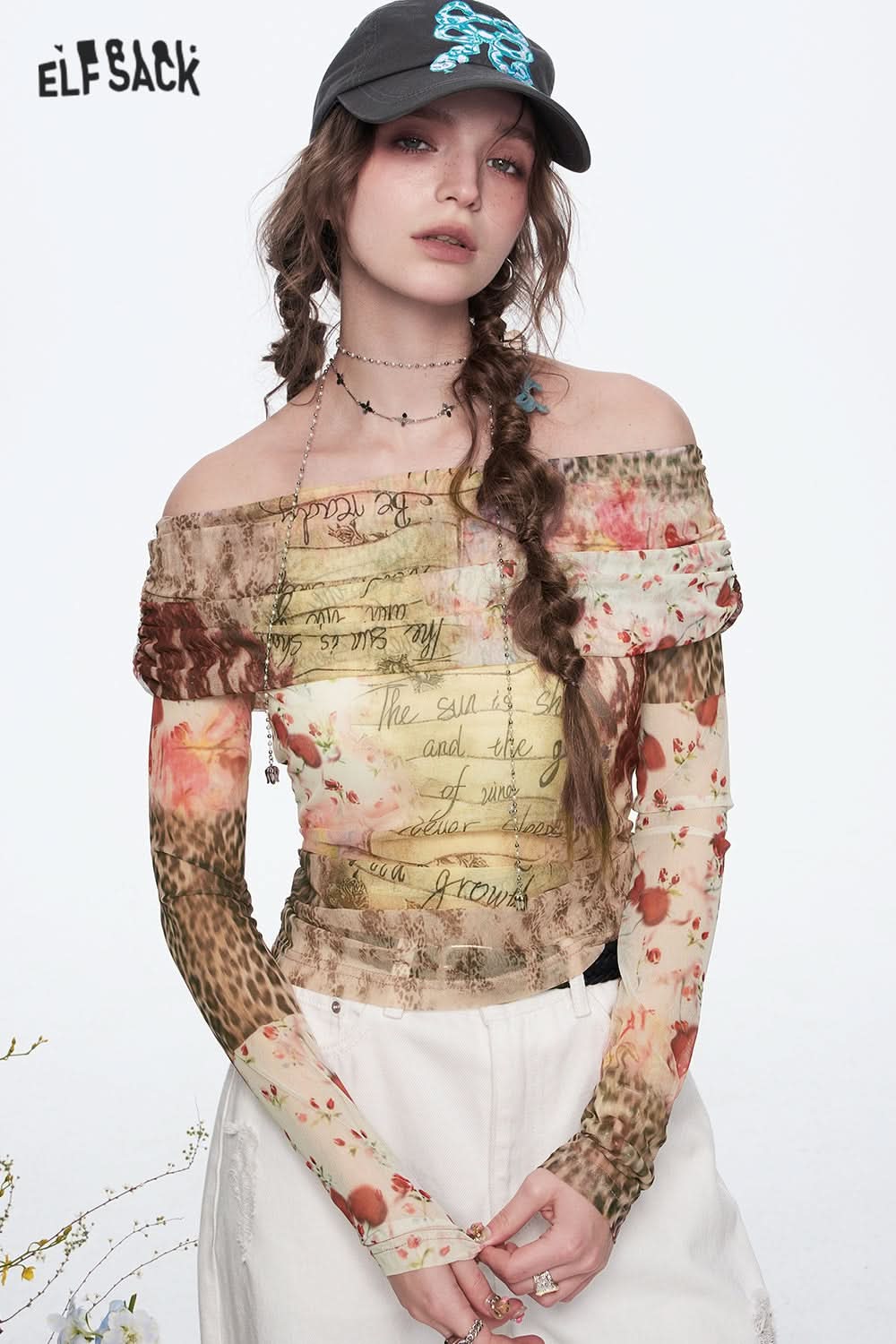 ELFSACK Y2K Off Shoulder Printed Mesh T-shirt Women Retro Elegant Long Sleeve Top