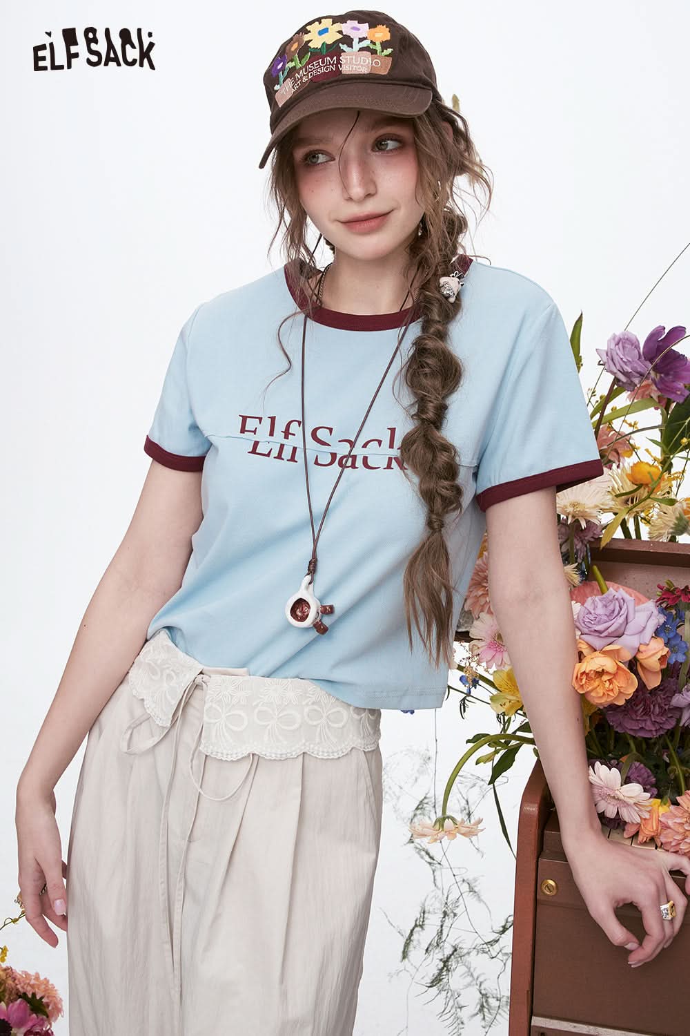 ELFSACK Y2K Preppy Style Color block Letter Short Sleeve T-shirt Women's Dopamine Crop Top