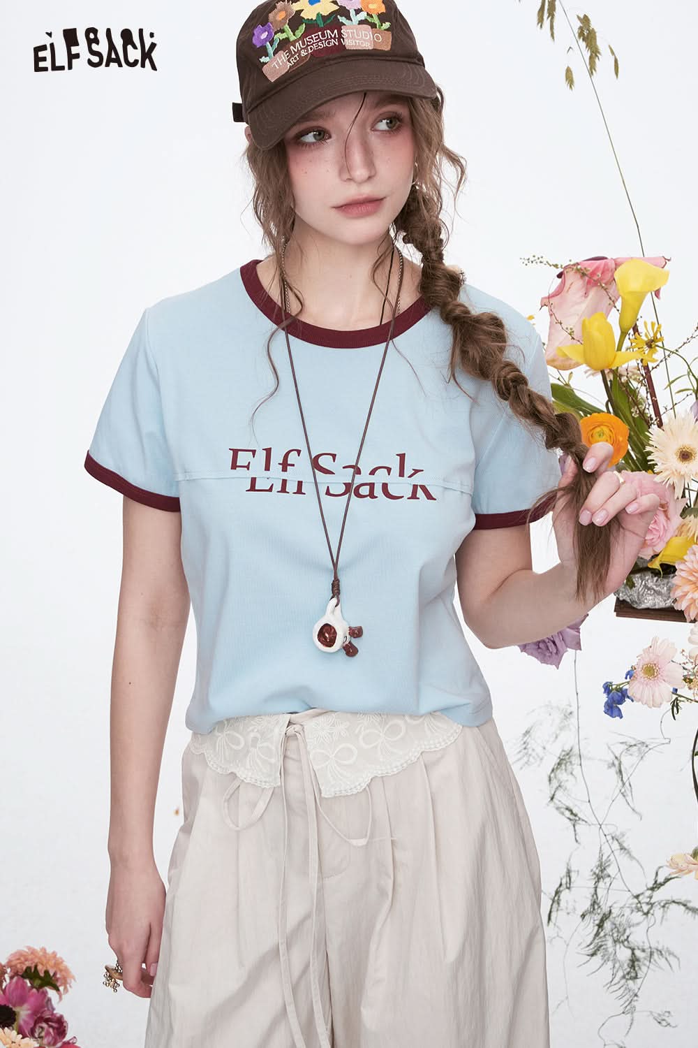 ELFSACK Y2K Preppy Style Color block Letter Short Sleeve T-shirt Women's Dopamine Crop Top