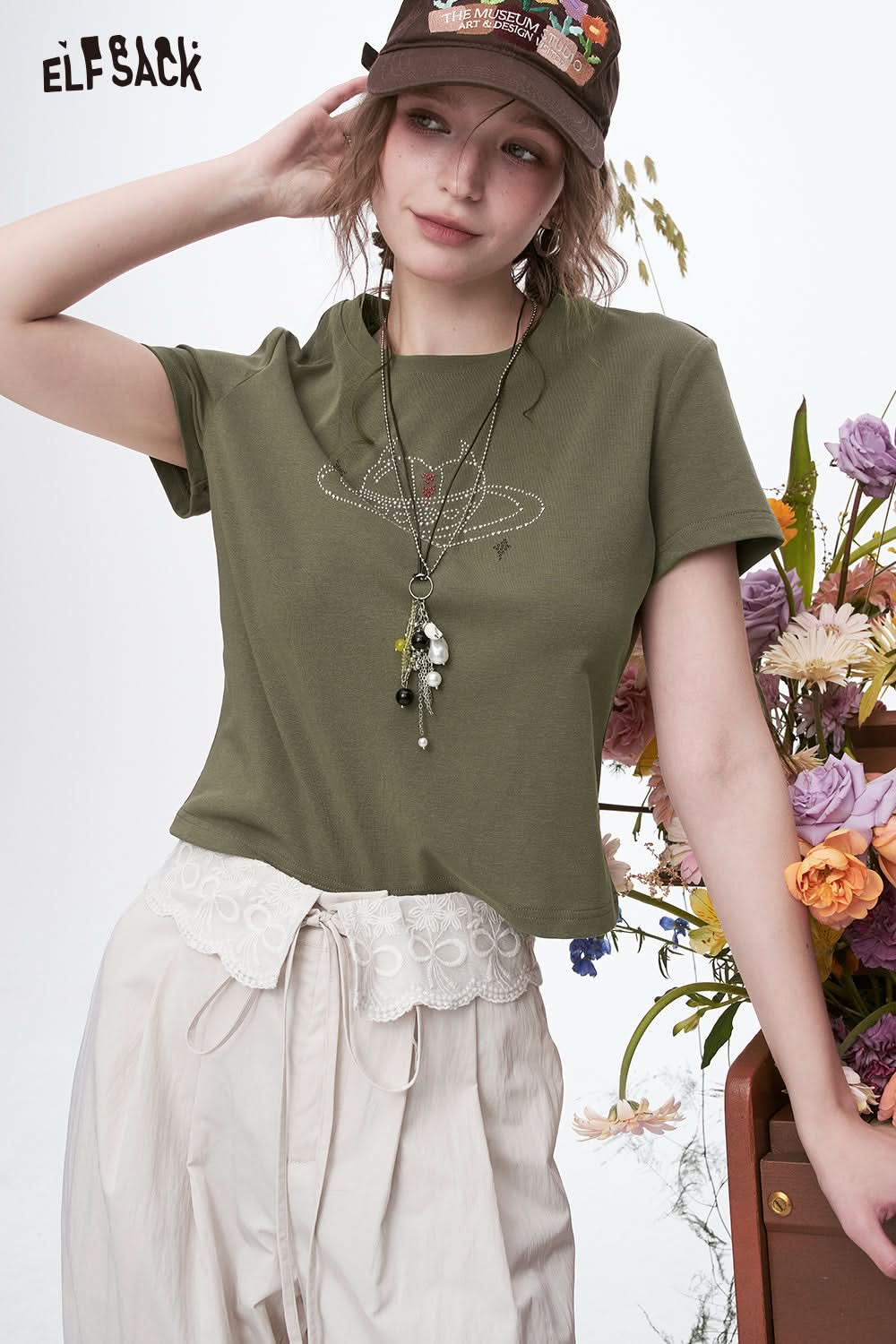 ELFSACK Retro Heart Printed Short Sleeve T-Shirt Women Y2K Cropped Top