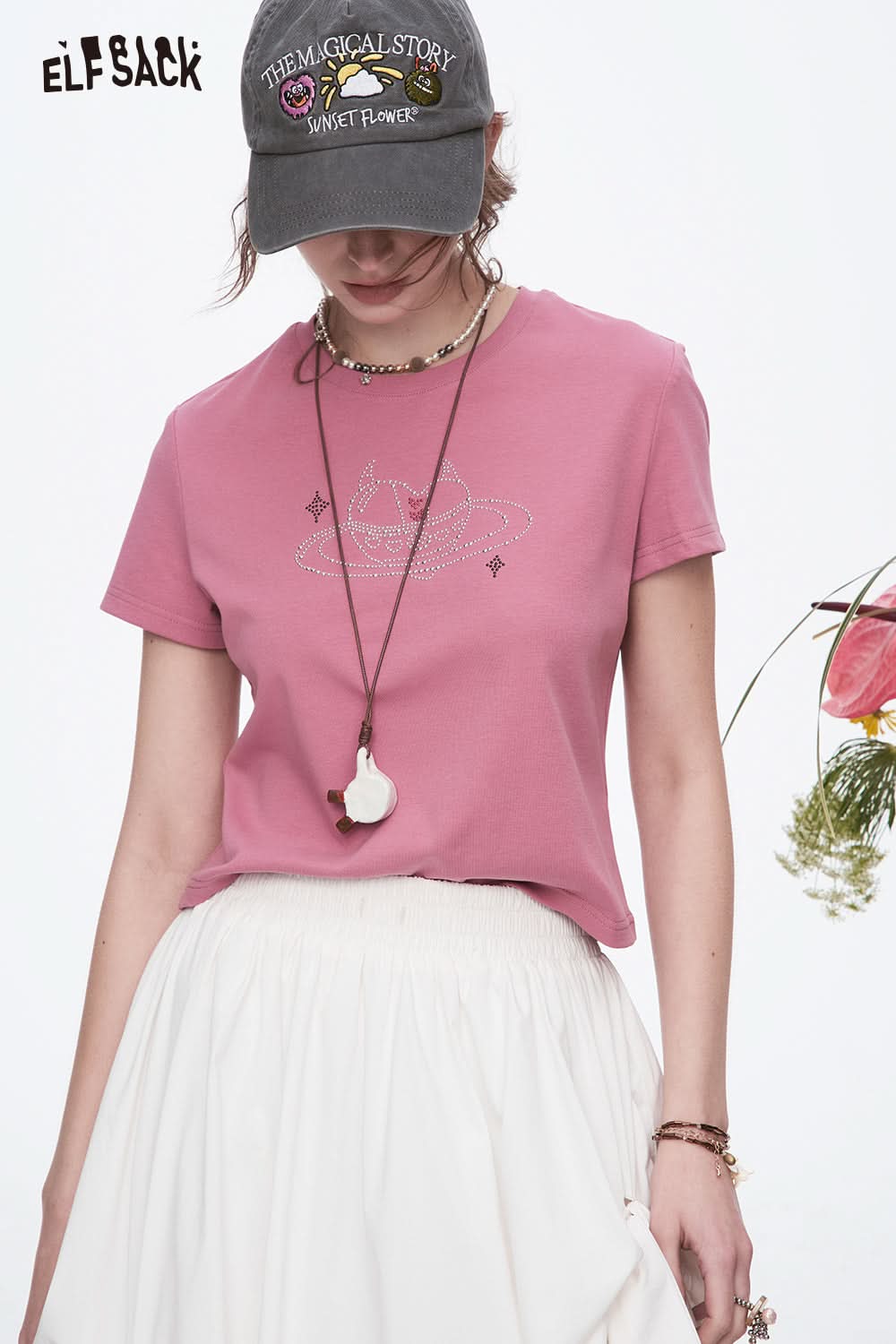 ELFSACK Retro Heart Printed Short Sleeve T-Shirt Women Y2K Cropped Top