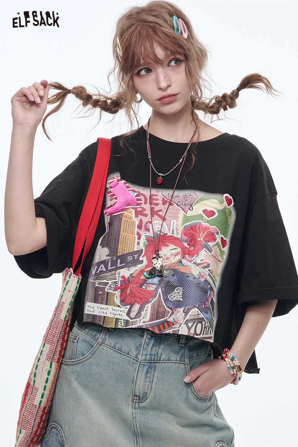 ELFSACK Sweet cool black print short-sleeved cotton T-shirt loose casual cartoon tops