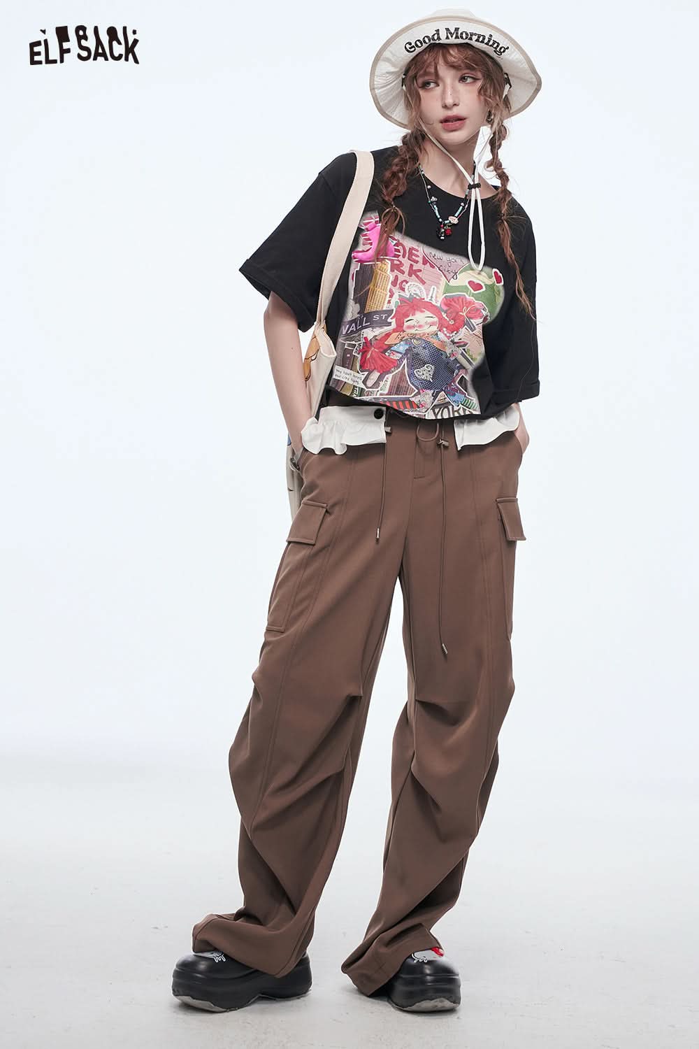 ELFSACK Sweet cool black print short-sleeved cotton T-shirt loose casual cartoon tops