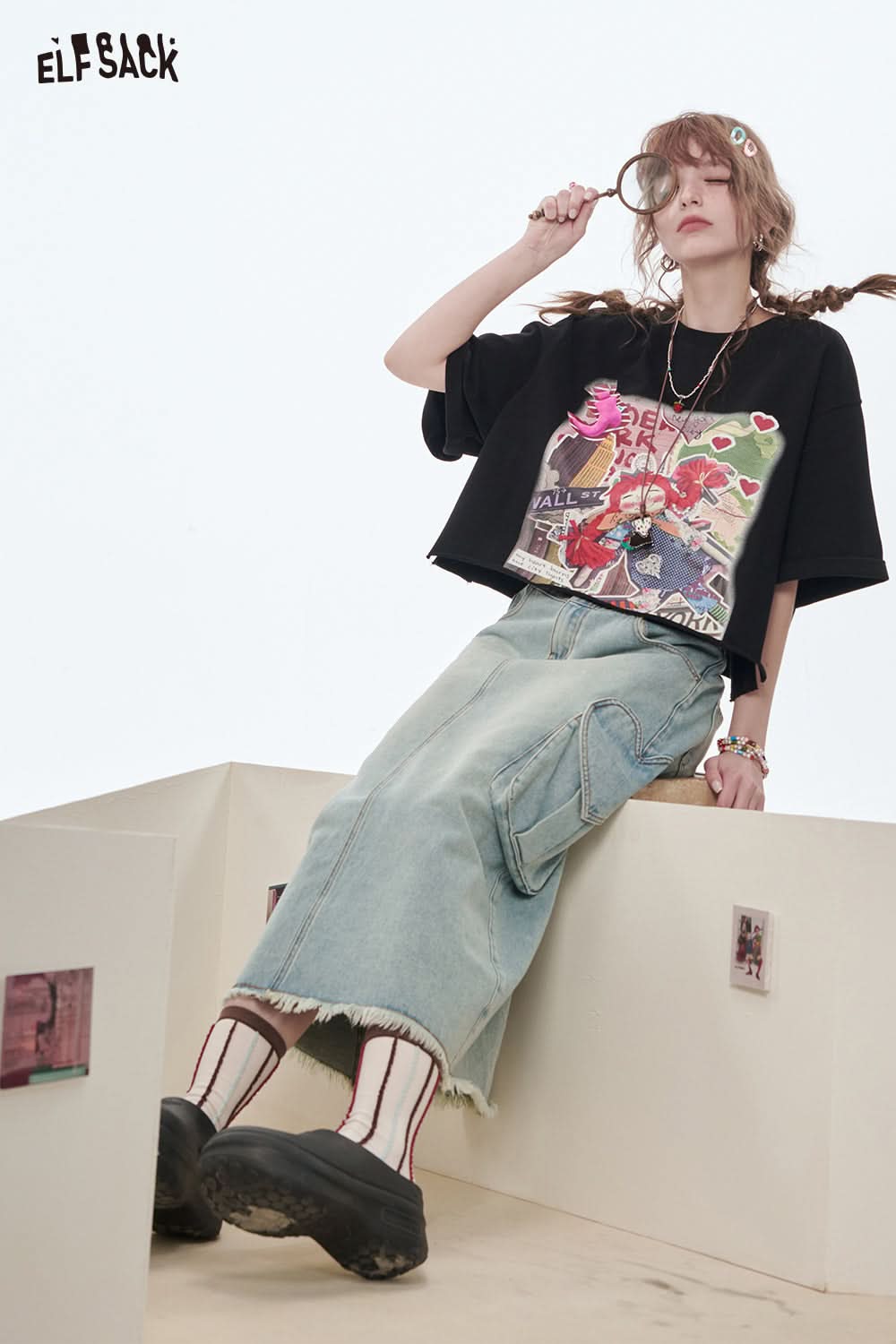 ELFSACK Sweet cool black print short-sleeved cotton T-shirt loose casual cartoon tops