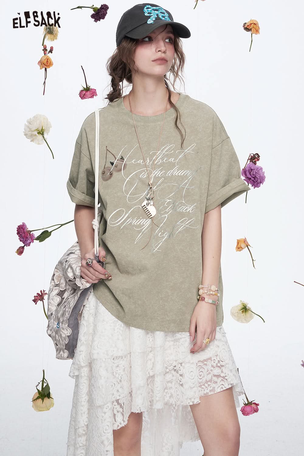 ELFSACK Y2K Letter Printed Diamond Short Sleeve Cotton T-shirt Women Loose Casual Retro Tops