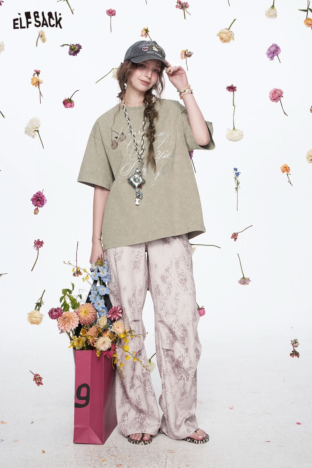 ELFSACK Y2K Letter Printed Diamond Short Sleeve Cotton T-shirt Women Loose Casual Retro Tops