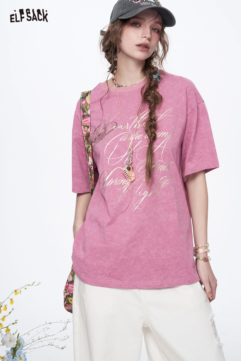 ELFSACK Y2K Letter Printed Diamond Short Sleeve Cotton T-shirt Women Loose Casual Retro Tops