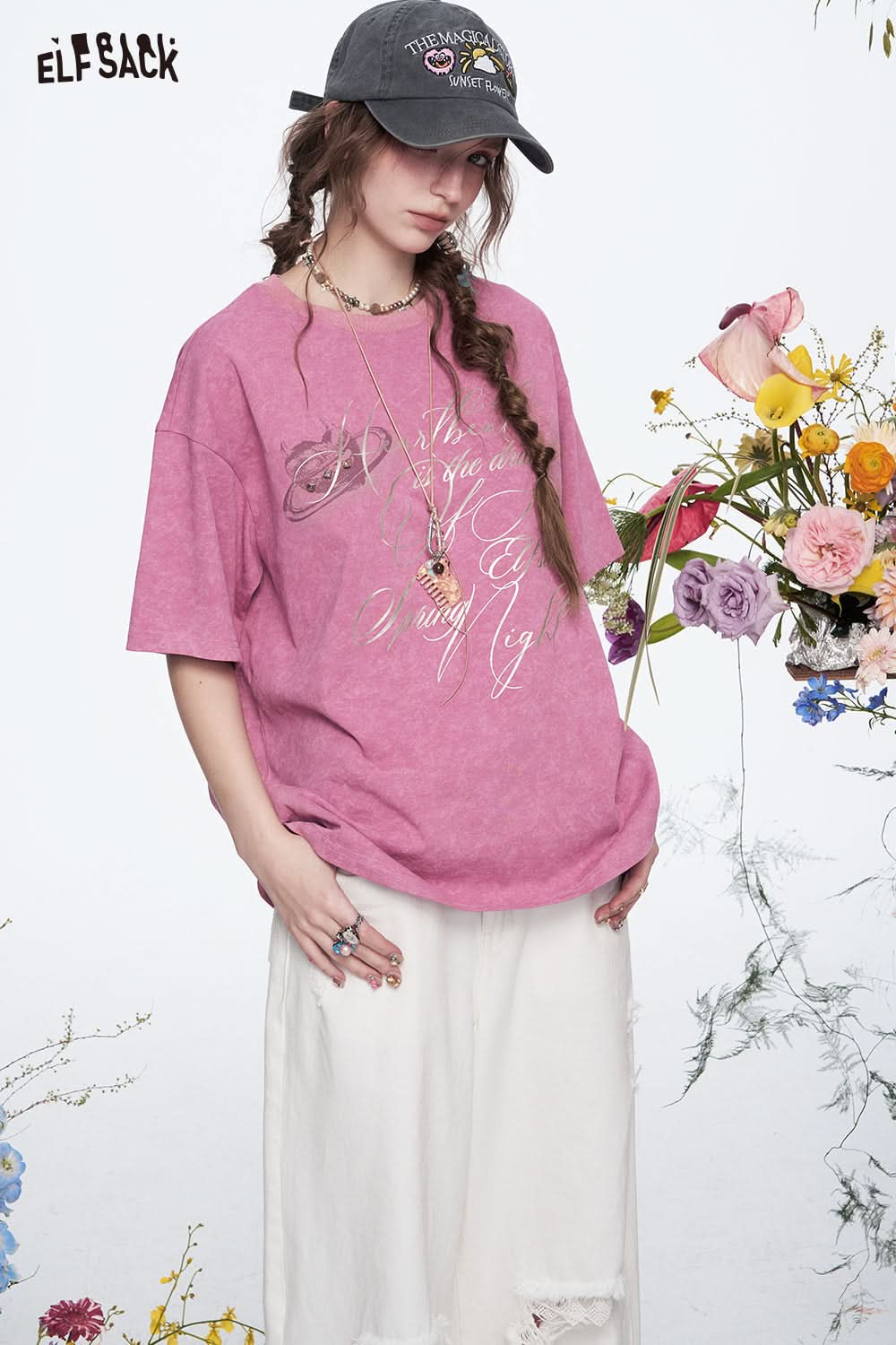 ELFSACK Y2K Letter Printed Diamond Short Sleeve Cotton T-shirt Women Loose Casual Retro Tops