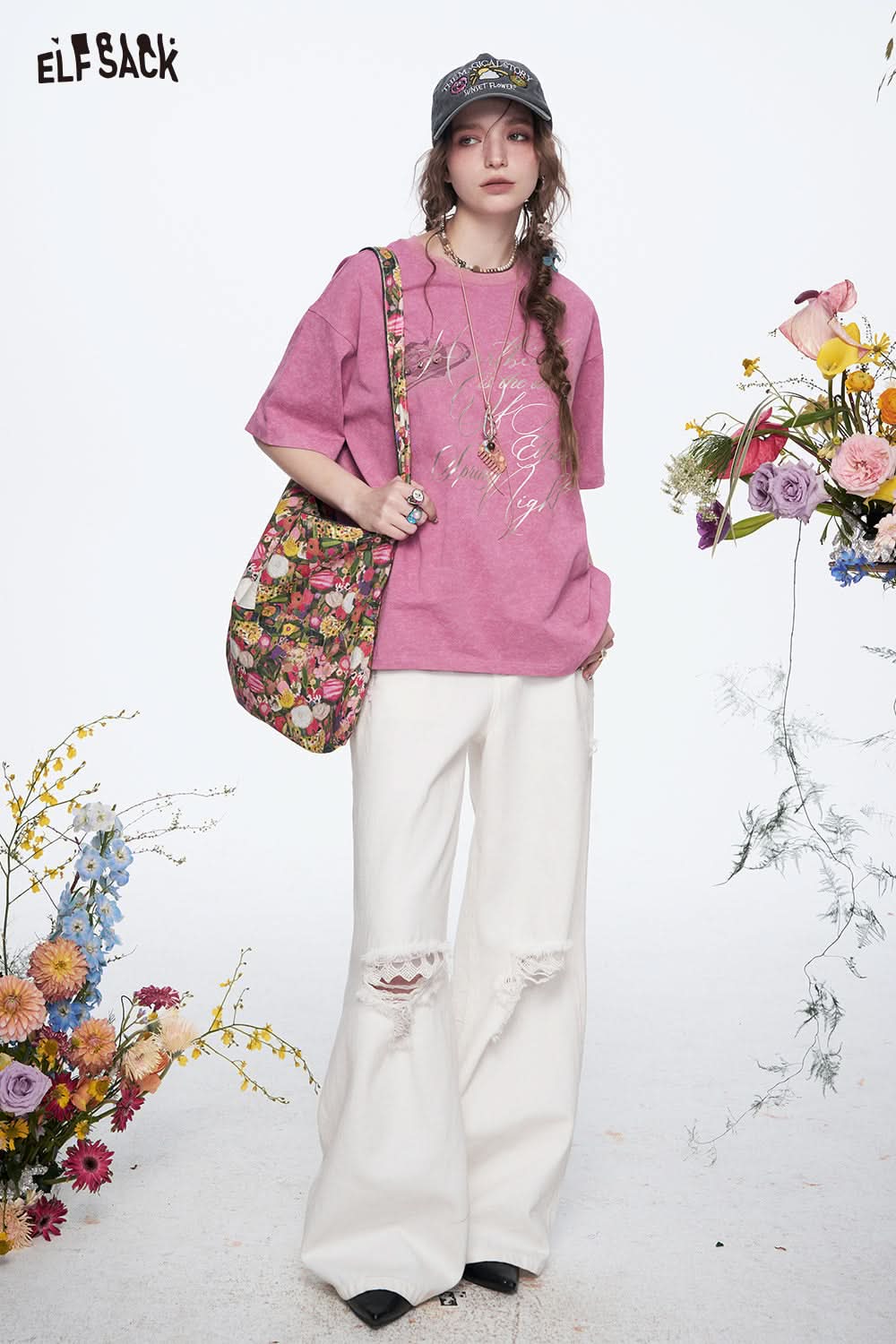 ELFSACK Y2K Letter Printed Diamond Short Sleeve Cotton T-shirt Women Loose Casual Retro Tops