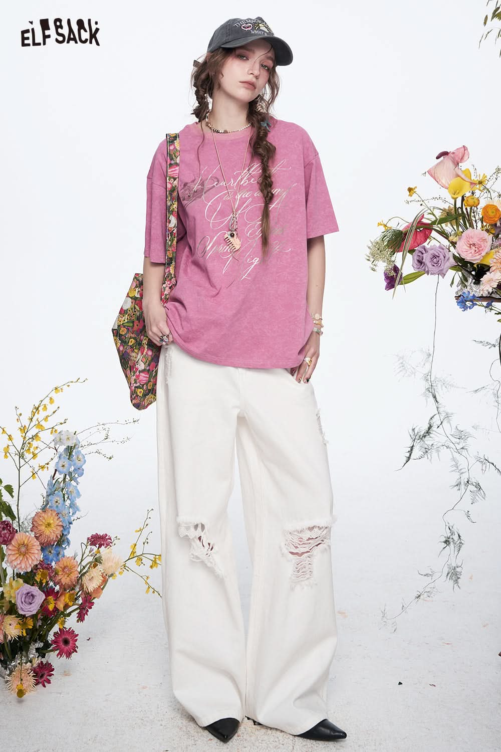 ELFSACK Y2K Letter Printed Diamond Short Sleeve Cotton T-shirt Women Loose Casual Retro Tops