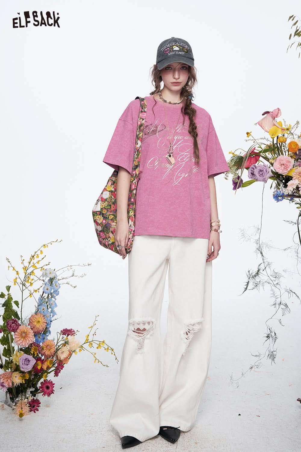 ELFSACK Y2K Letter Printed Diamond Short Sleeve Cotton T-shirt Women Loose Casual Retro Tops