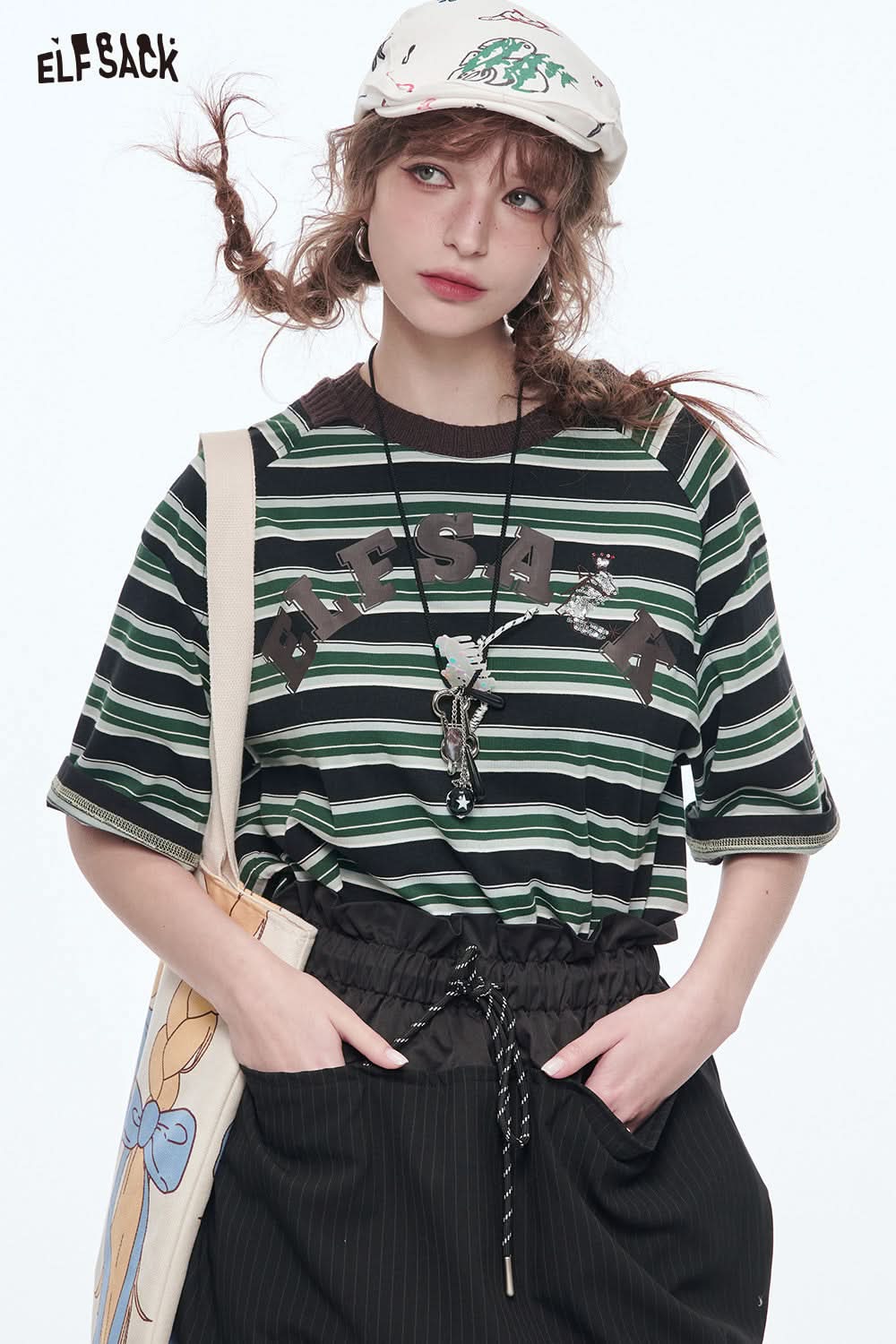 ELFSACK Retro Stripe Printed Short Sleeve T-Shirt Women's Loose Casual Crop Top