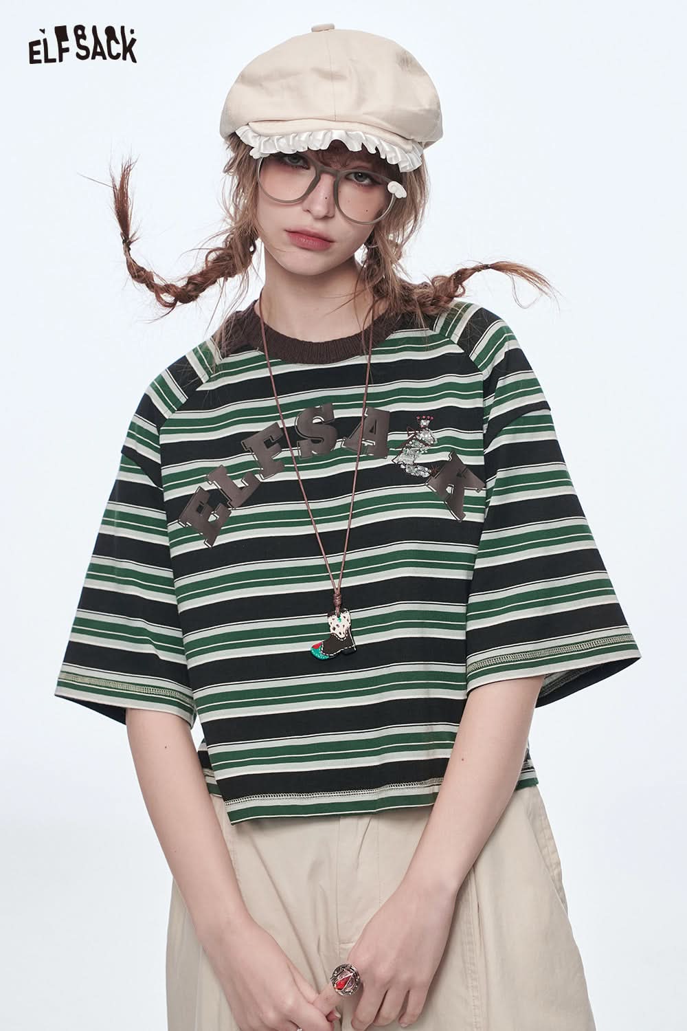 ELFSACK Retro Stripe Printed Short Sleeve T-Shirt Women's Loose Casual Crop Top