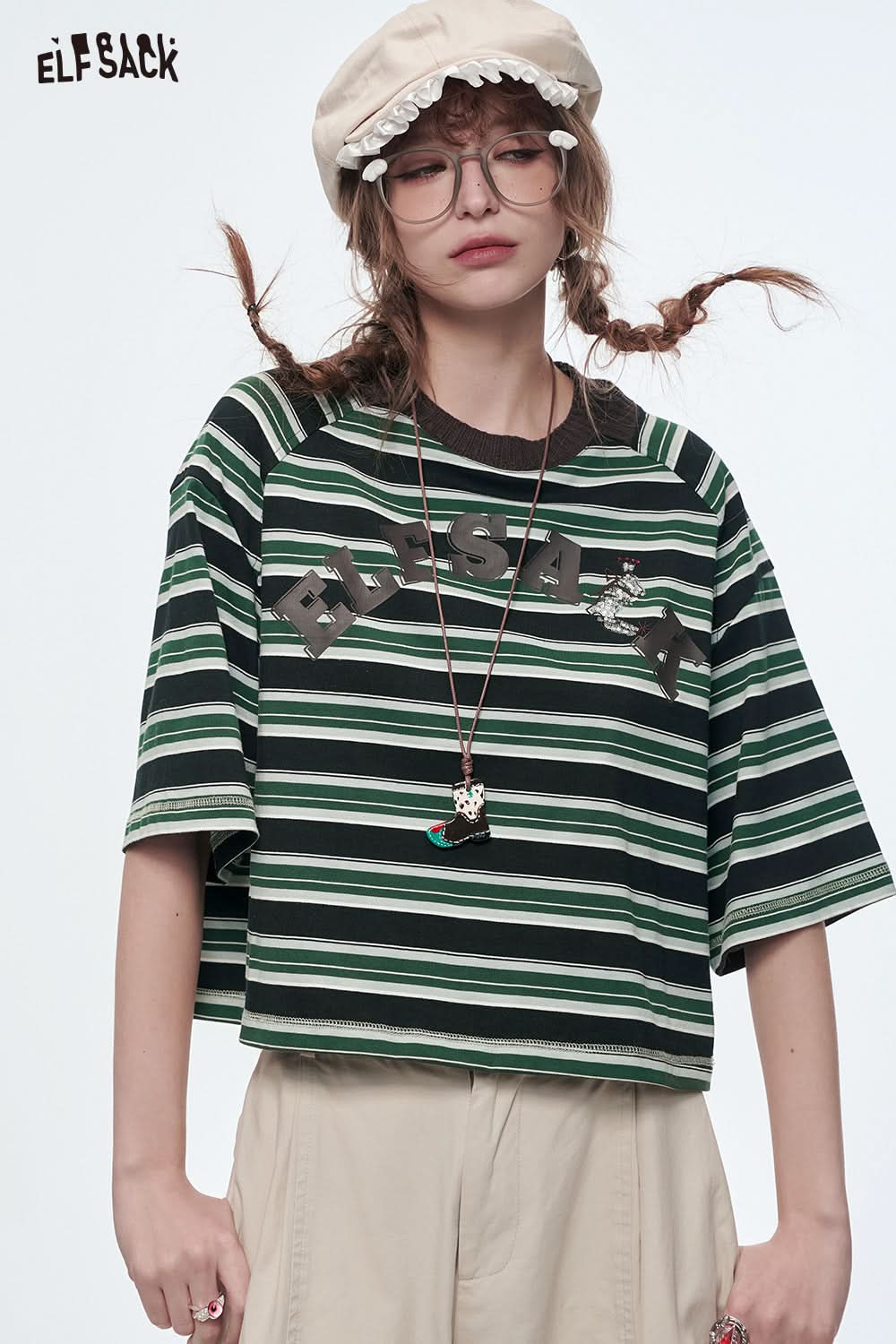 ELFSACK Retro Stripe Printed Short Sleeve T-Shirt Women's Loose Casual Crop Top