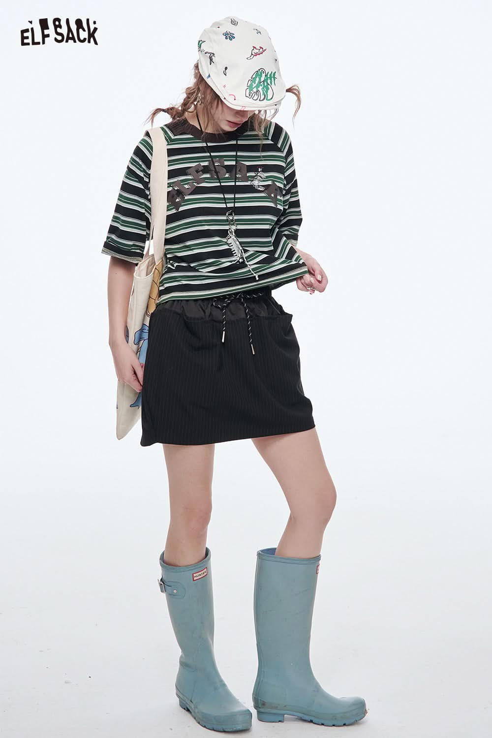 ELFSACK Retro Stripe Printed Short Sleeve T-Shirt Women's Loose Casual Crop Top