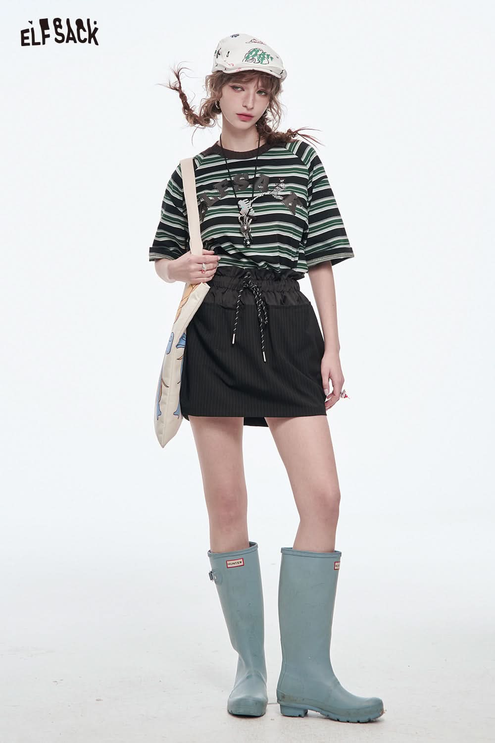 ELFSACK Retro Stripe Printed Short Sleeve T-Shirt Women's Loose Casual Crop Top