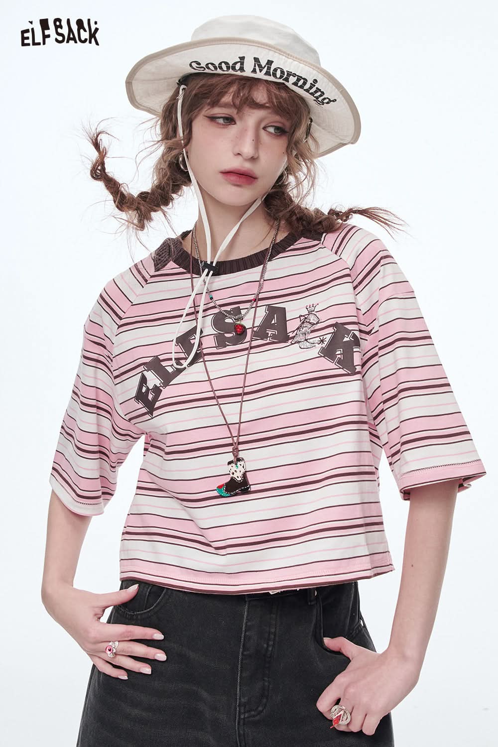 ELFSACK Retro Stripe Printed Short Sleeve T-Shirt Women's Loose Casual Crop Top