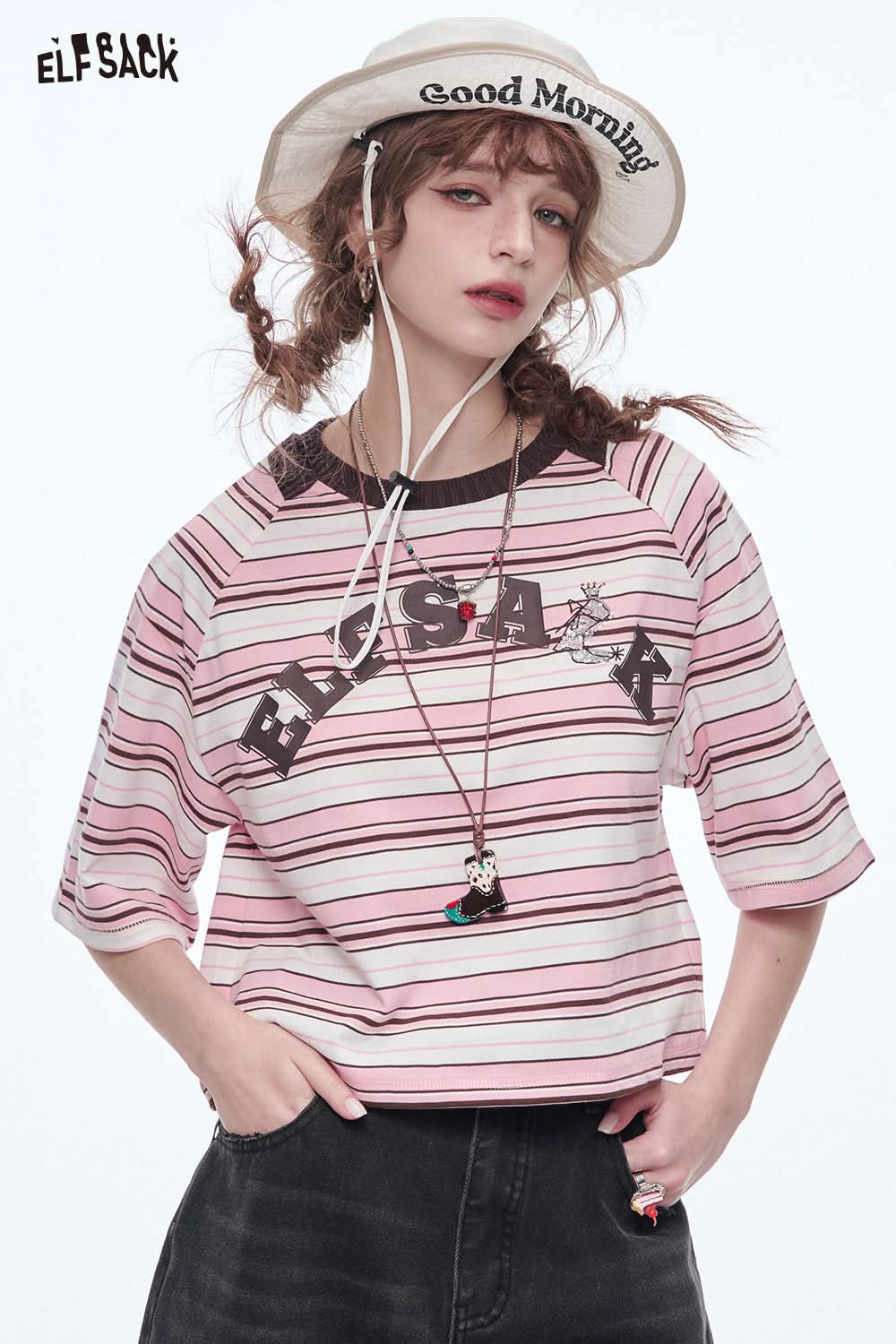 ELFSACK Retro Stripe Printed Short Sleeve T-Shirt Women's Loose Casual Crop Top