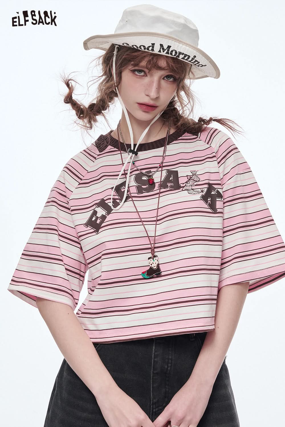 ELFSACK Retro Stripe Printed Short Sleeve T-Shirt Women's Loose Casual Crop Top