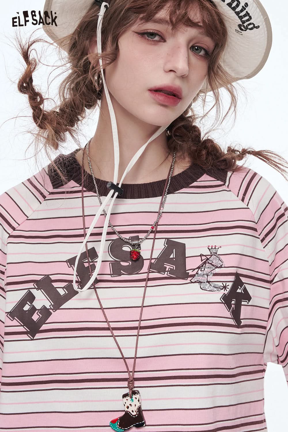 ELFSACK Retro Stripe Printed Short Sleeve T-Shirt Women's Loose Casual Crop Top