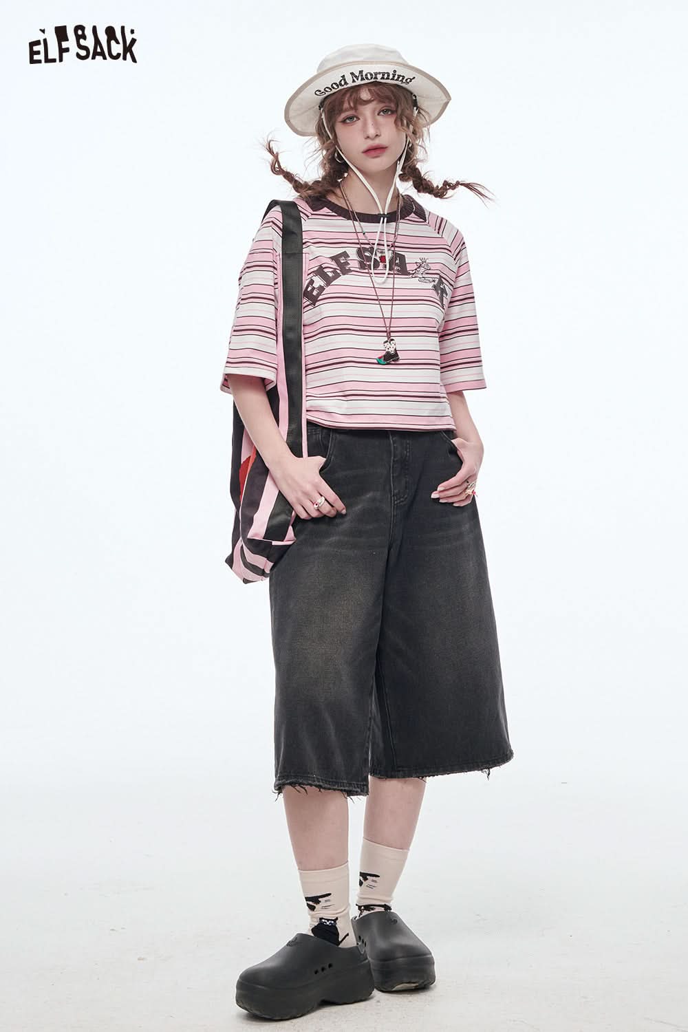 ELFSACK Retro Stripe Printed Short Sleeve T-Shirt Women's Loose Casual Crop Top