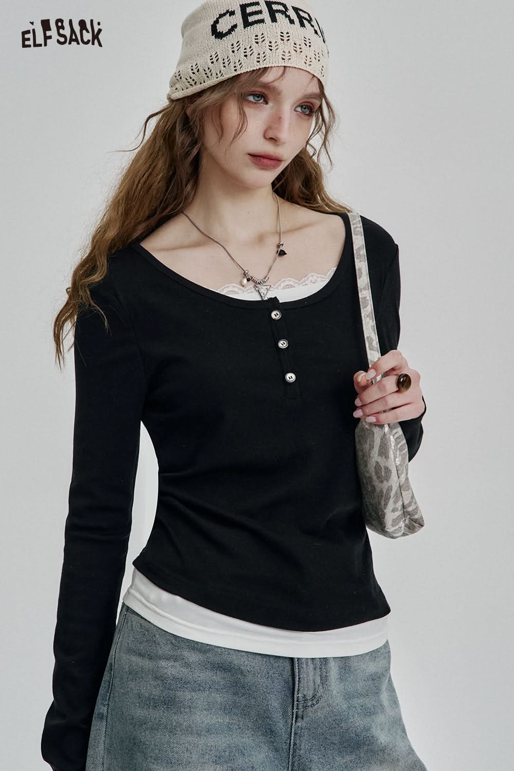 ELFSACK Sweet Contrast Color Lace Patchwork Full Sleeve T-Shirt Women Casual Elegant Fake Two-piece Tee Shirts