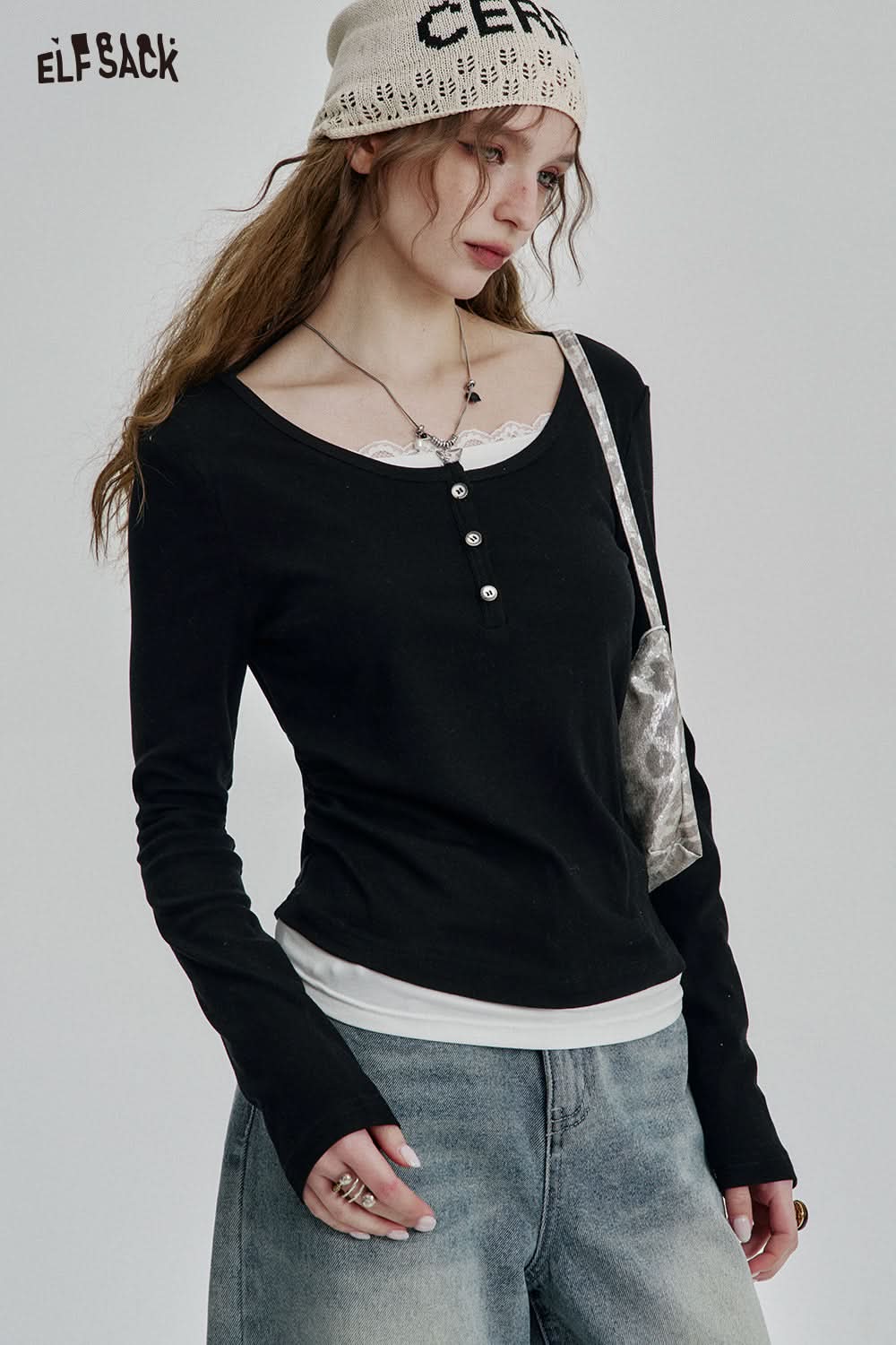 ELFSACK Sweet Contrast Color Lace Patchwork Full Sleeve T-Shirt Women Casual Elegant Fake Two-piece Tee Shirts