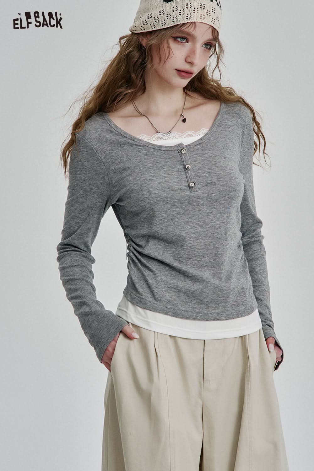 ELFSACK Sweet Contrast Color Lace Patchwork Full Sleeve T-Shirt Women Casual Elegant Fake Two-piece Tee Shirts